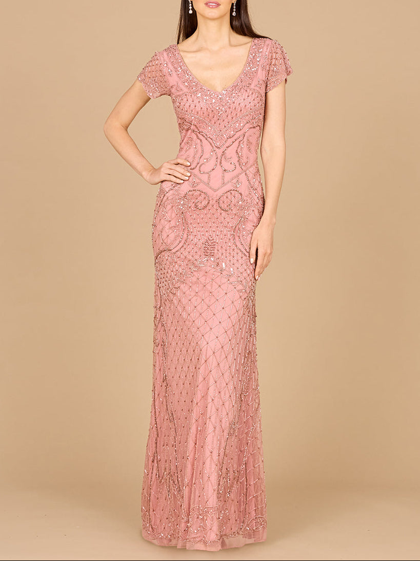 Beaded Cap Sleeve Gown With V-Neckline - OUTLET Rose