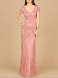 Beaded Cap Sleeve Gown With V-Neckline - OUTLET Rose