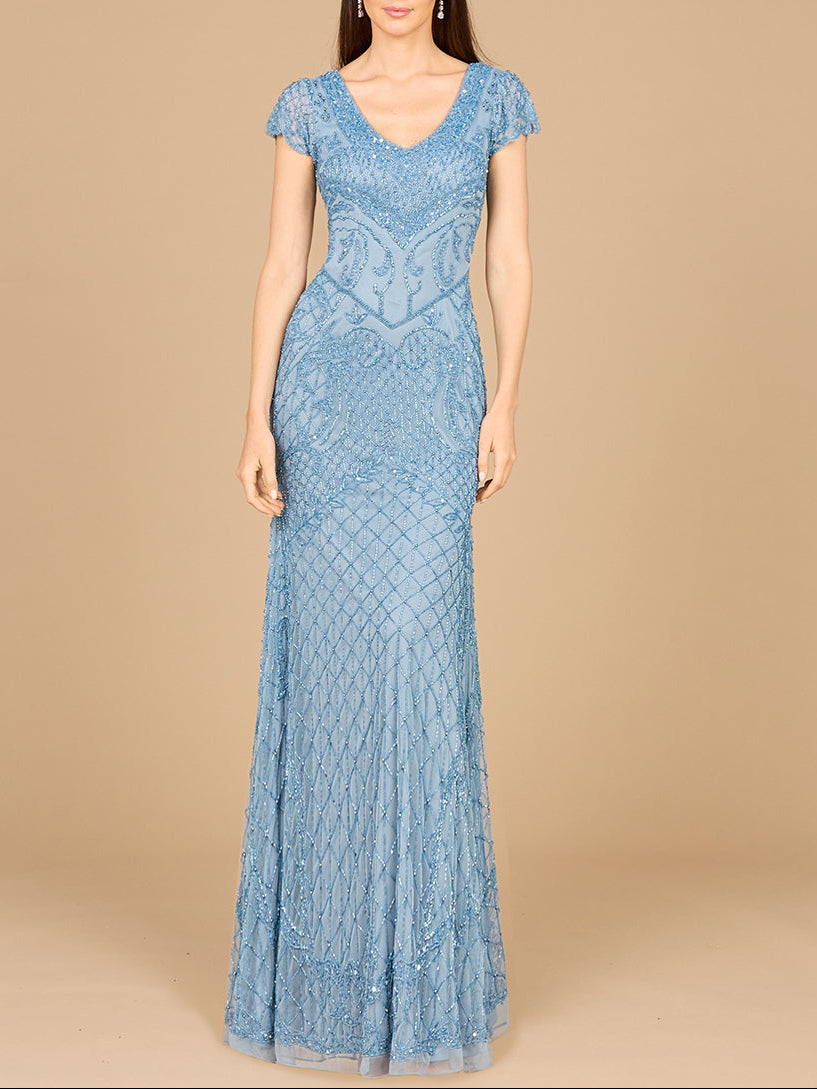 Beaded Cap Sleeve Gown With V-Neckline - OUTLET Slate