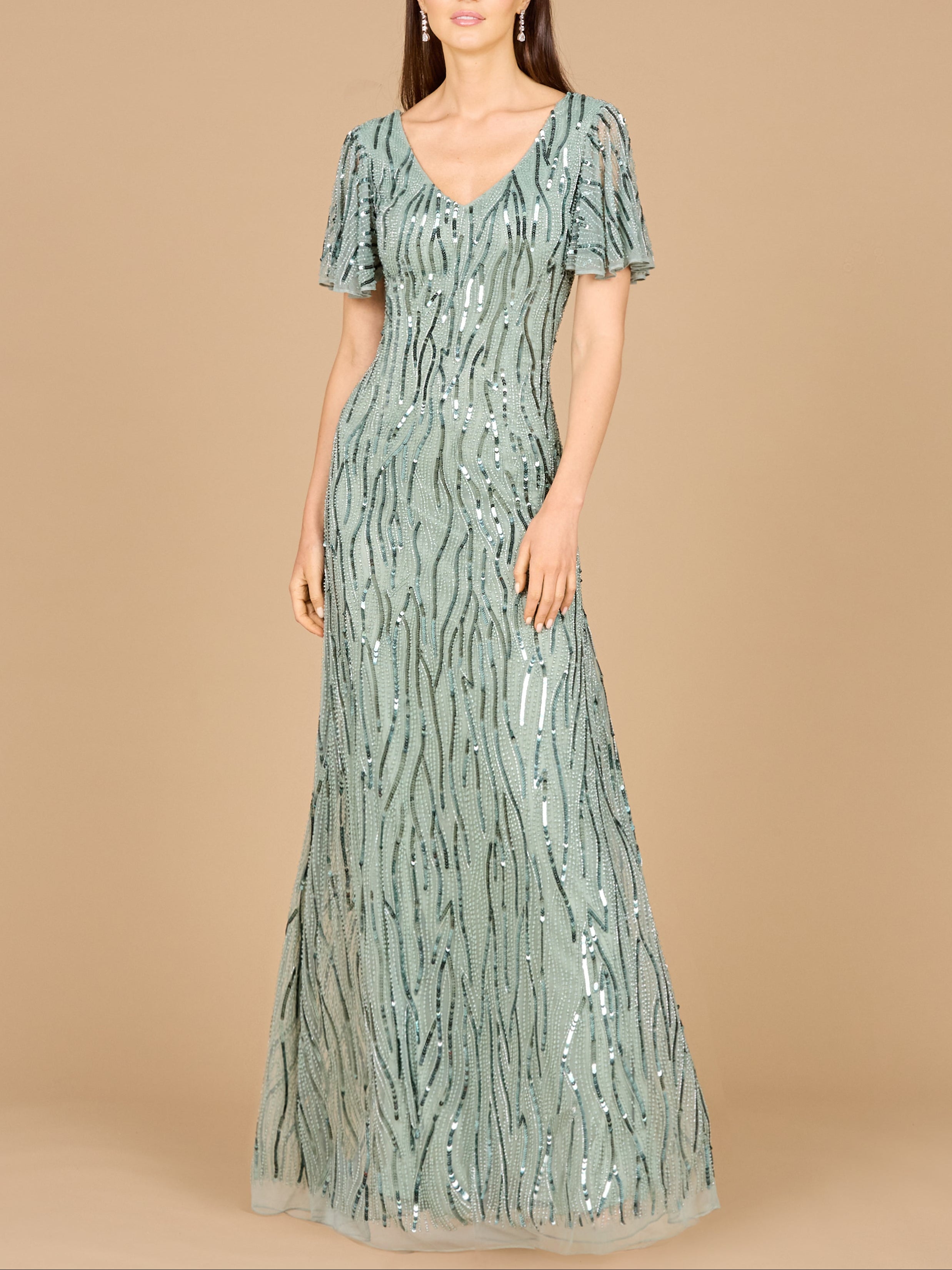 Beaded Gown With Cape Sleeves Green Mist