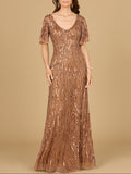 Beaded Gown With Cape Sleeves Mocha