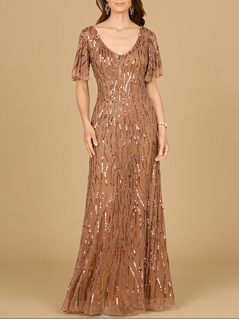 Beaded Gown With Cape Sleeves Mocha