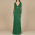 Elegant Long Sleeve Beaded Gown - OUTLET Forest Green