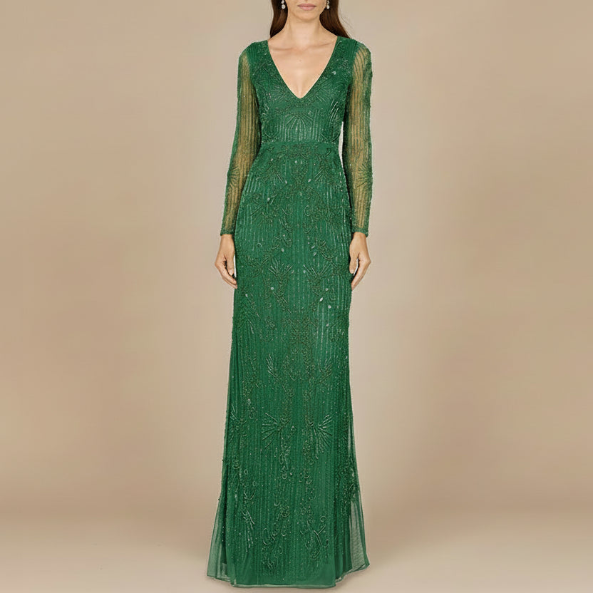 Elegant Long Sleeve Beaded Gown - OUTLET Forest Green
