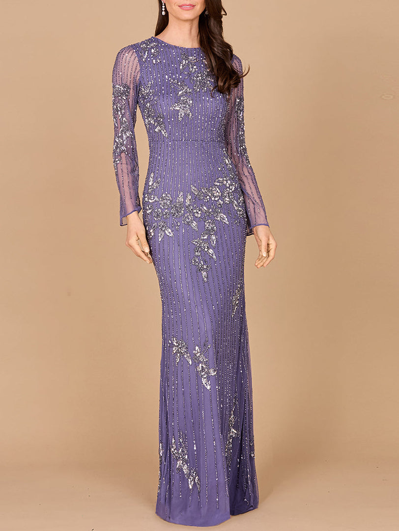 Long Sleeve, High Neck Beaded Gown - OUTLET Amethyst