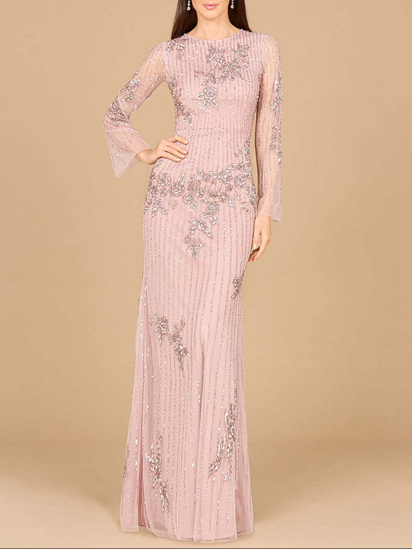 Long Sleeve, High Neck Beaded Gown - OUTLET Dusty Rose