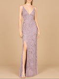 Embellished Gown with Slit And Spaghetti Straps - OUTLET Dusty Lavender