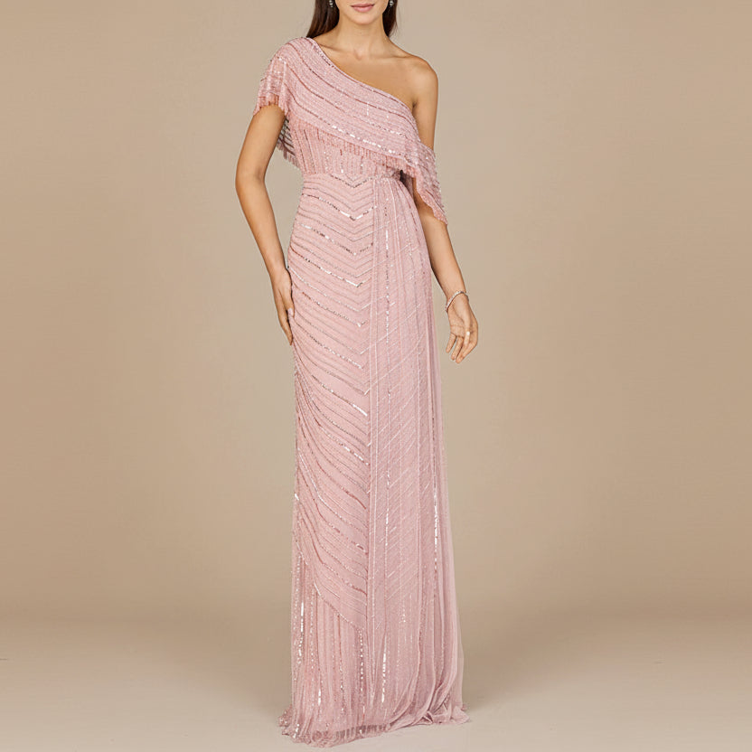 Off Shoulder Sheath Beaded Gown Dusty Rose