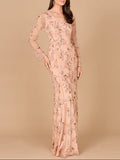 Beaded Dress with Sheer Long Sleeves Champagne Rose