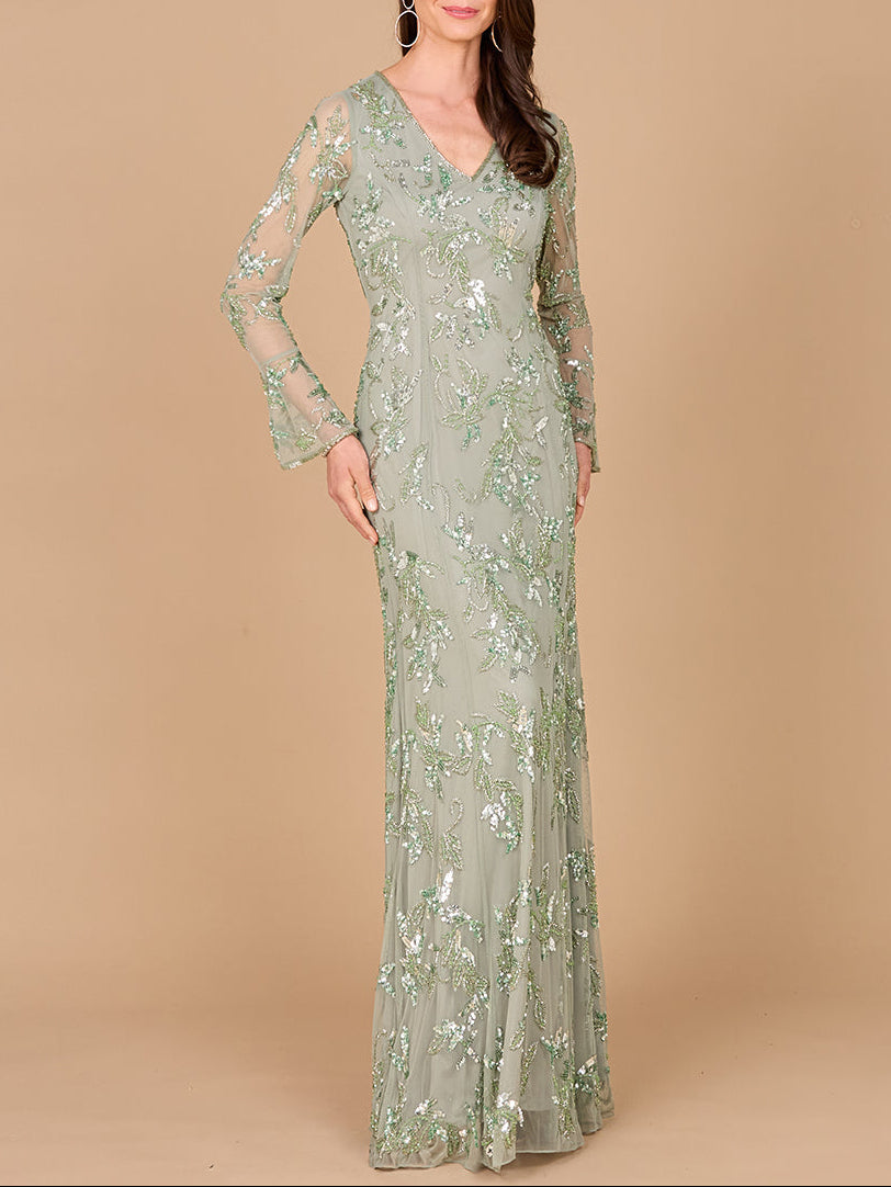 Beaded Dress with Sheer Long Sleeves Dusty Mint