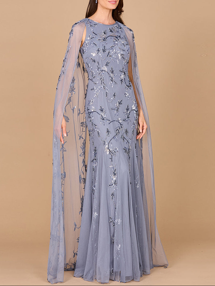 Mermaid Beaded Dress with Long Cape - OUTLET Dusty Periwinkle