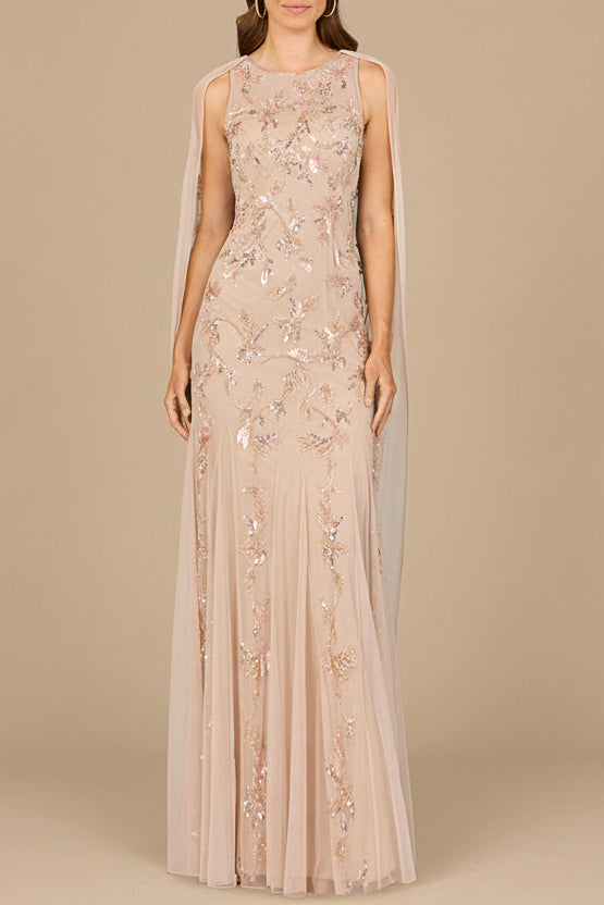 Mermaid Beaded Dress with Long Cape - OUTLET Nude