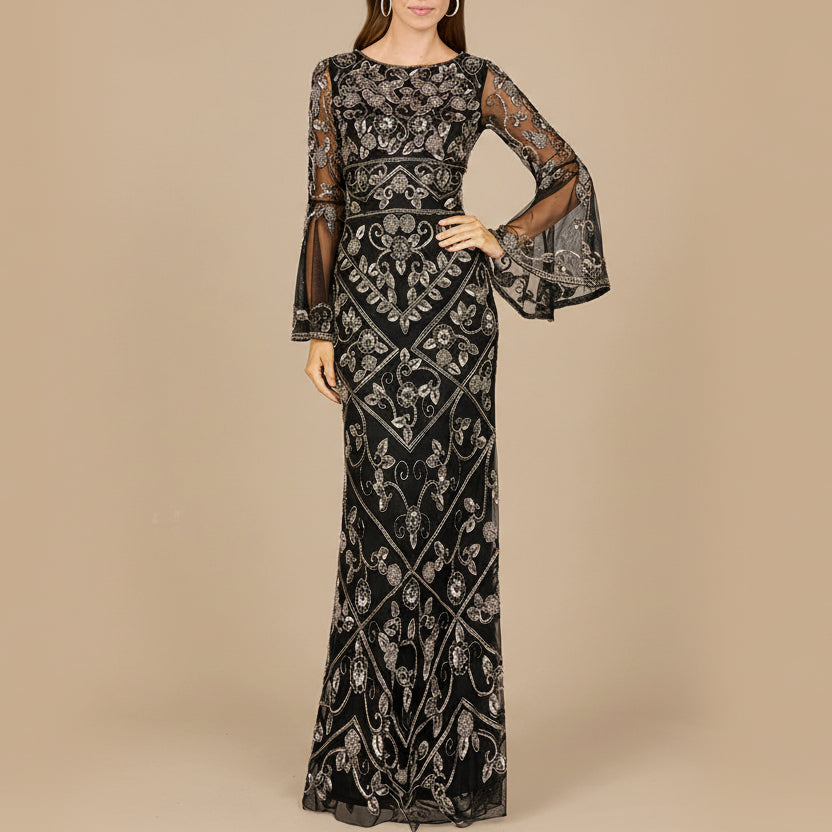 Bell Sleeved High Neck Beaded Gown Black