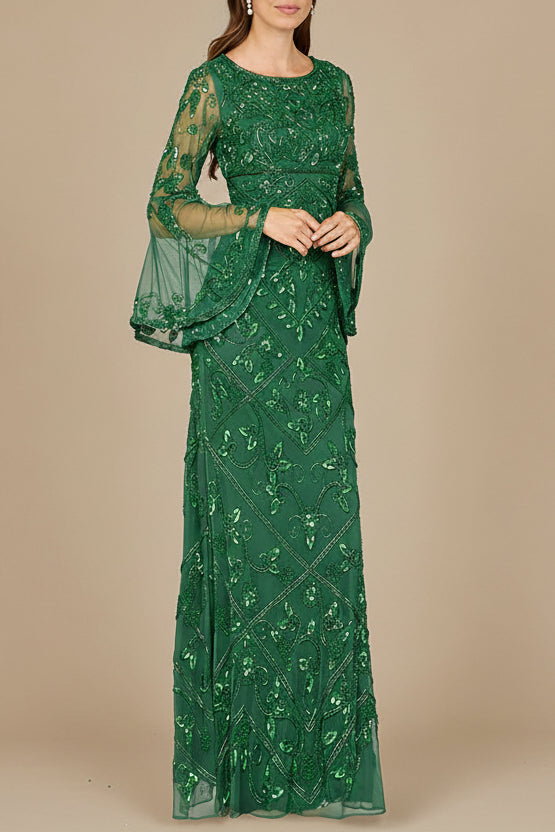 Bell Sleeved High Neck Beaded Gown Forest Green