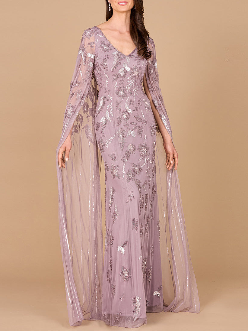 Beaded Sheath Dress with Long Cape Dusty Lavender