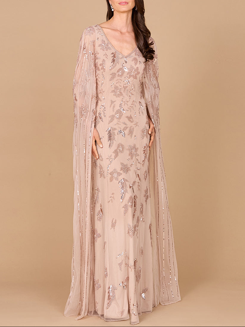 Beaded Sheath Dress with Long Cape Nude