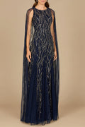 Elegant Beaded Dress with Long Cape Navy