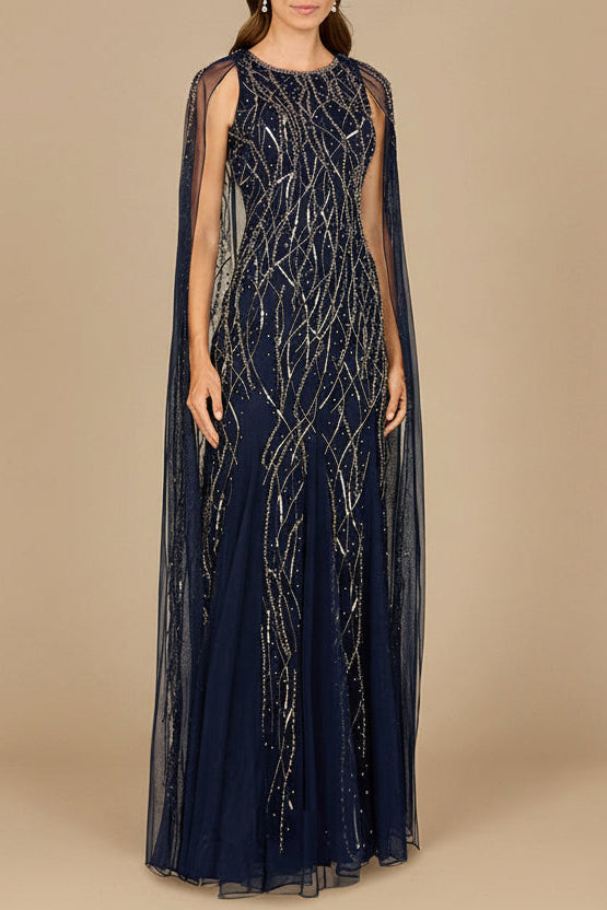 Elegant Beaded Dress with Long Cape Navy