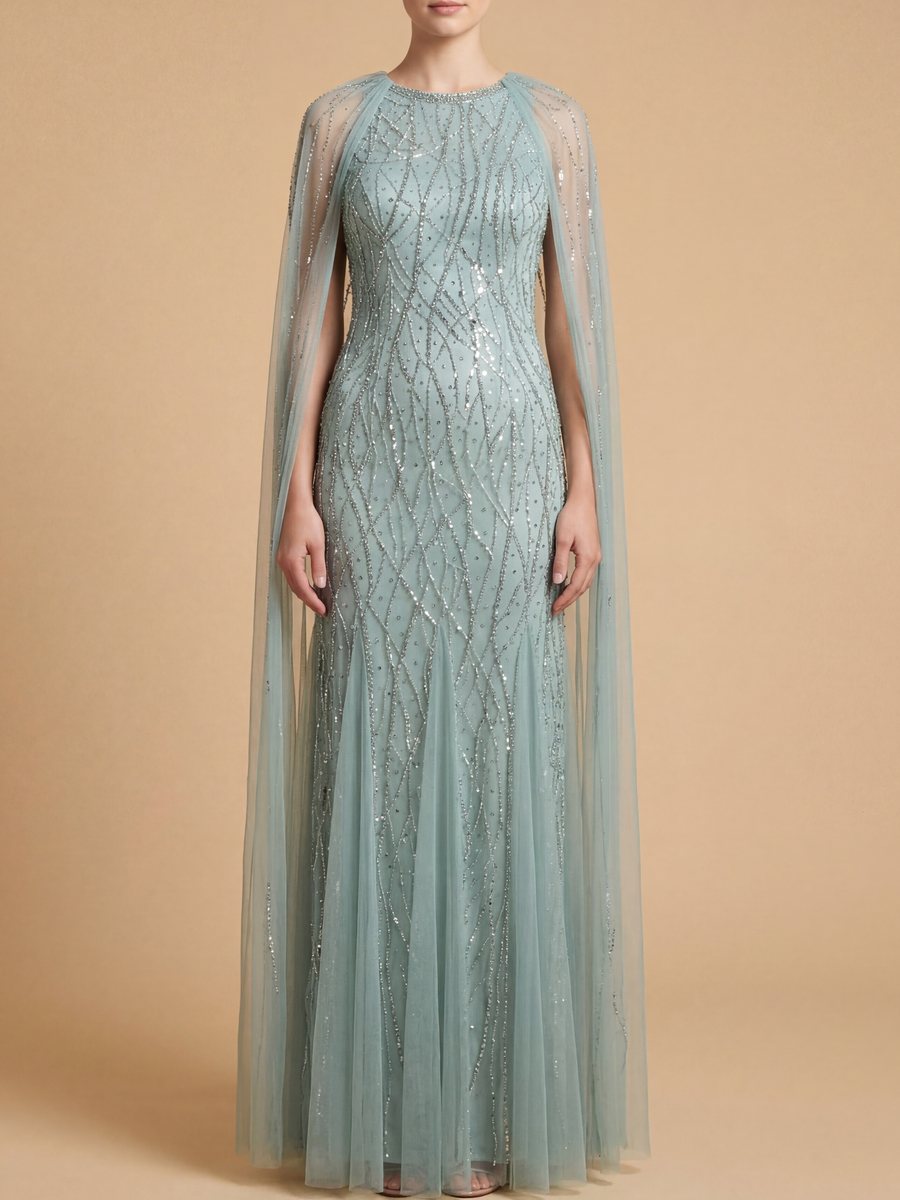 Elegant Beaded Dress with Long Cape Dusty Green
