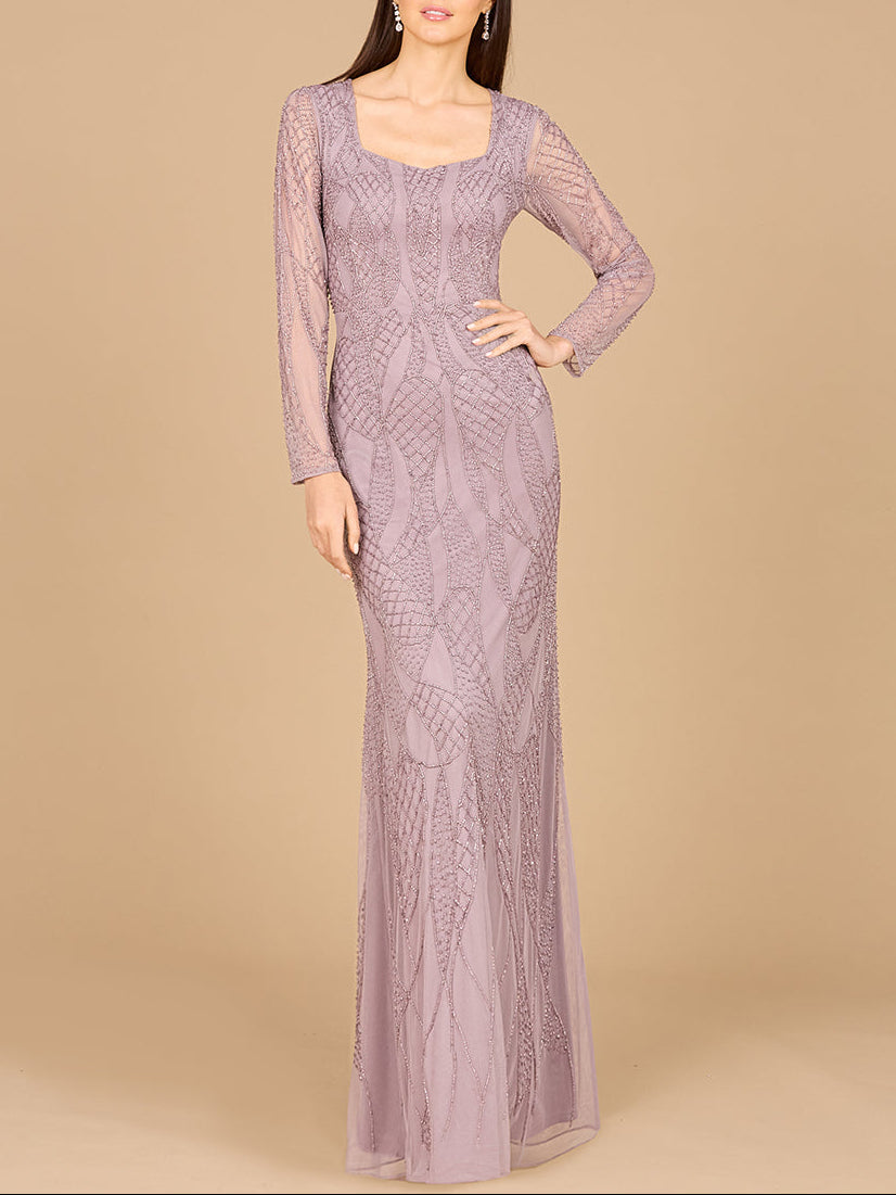 V Neck Beaded Long Sleeve Dress Dusty Lavender