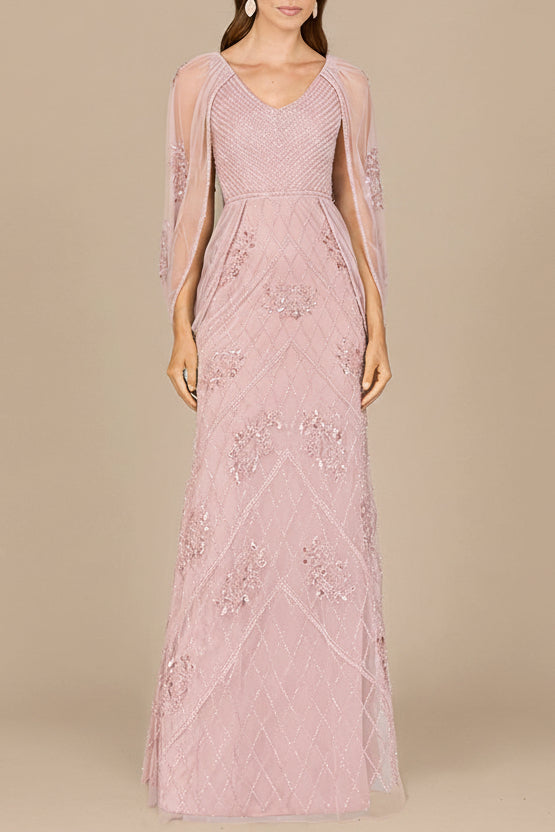 Beaded Cape Sleeve Dress Dusty Rose