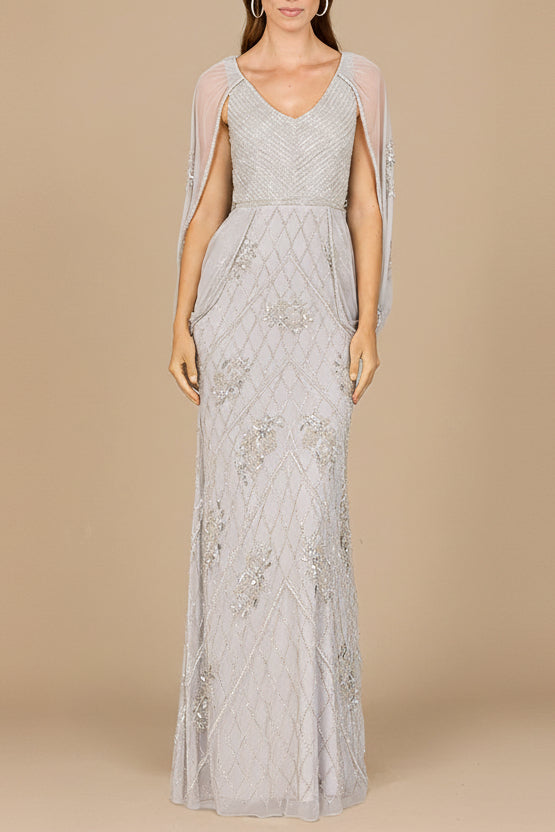 Beaded Cape Sleeve Dress Silver