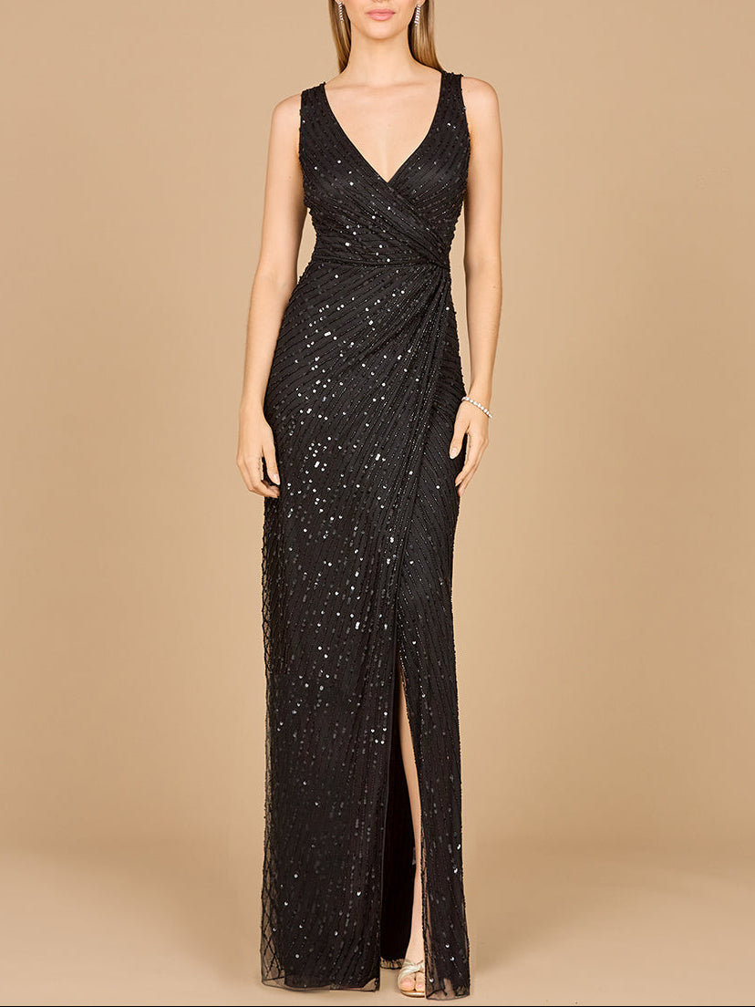 Beaded Black Gown with Slit Black