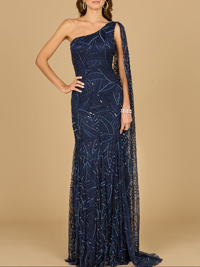 One Shoulder Cape Gown Navy