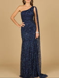 One Shoulder Cape Gown Navy