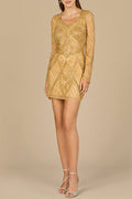 Long Sleeve Beaded Cocktail Dress Gold