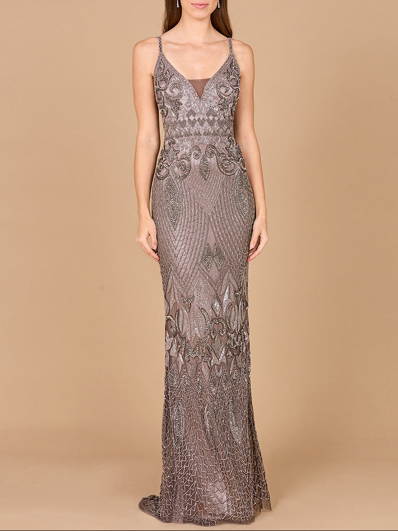 Sleeveless V-Neck Beaded Dress Grey