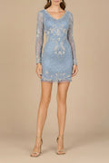 Long Sleeve Short Beaded Dress Ink Blue