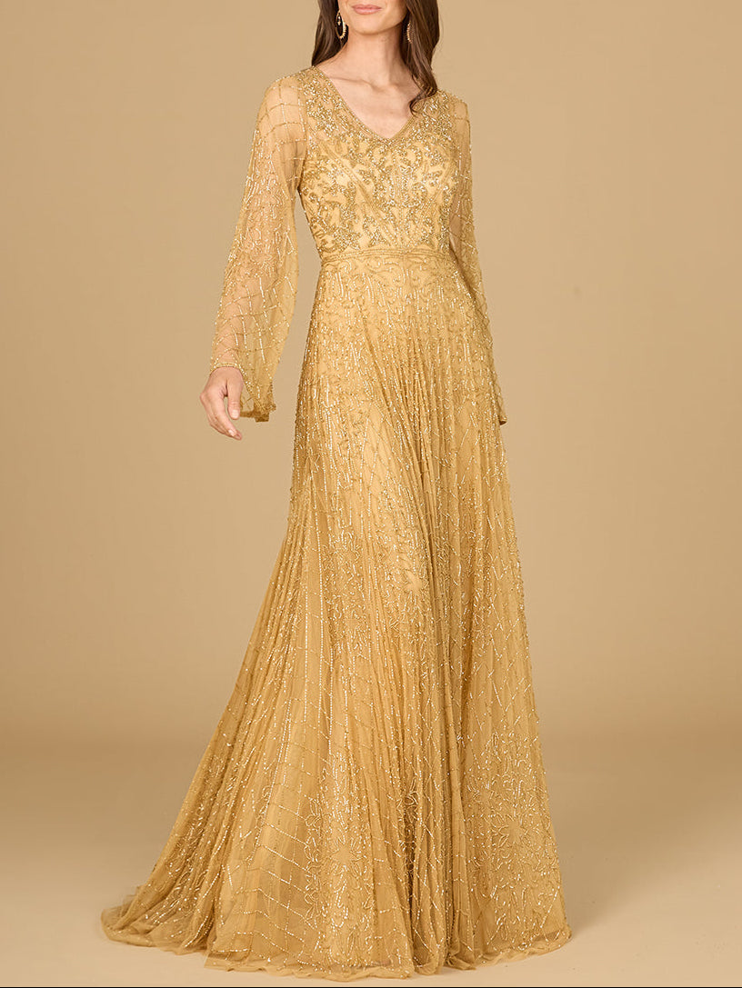 Beaded Long Dress with Flare Sleeves Gold