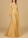 Beaded Long Dress with Flare Sleeves Gold