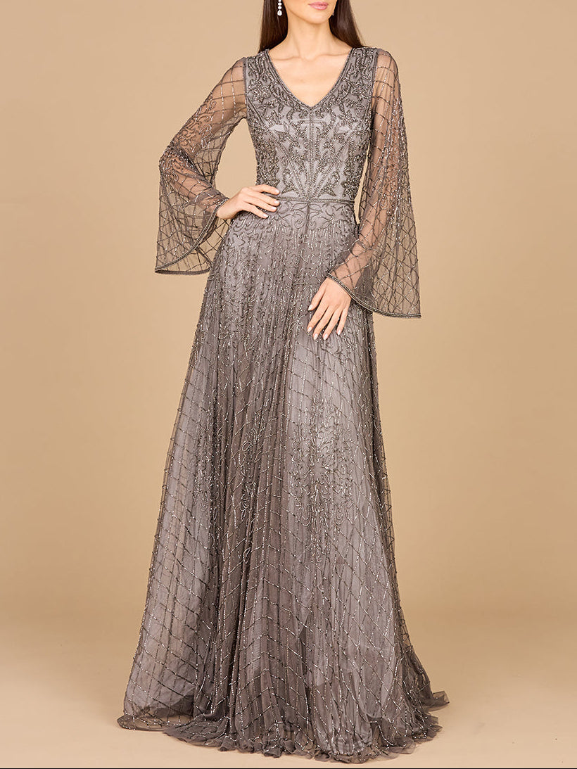 Beaded Long Dress with Flare Sleeves Grey