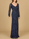 V-Neck Beaded Gown with Sleeves Navy
