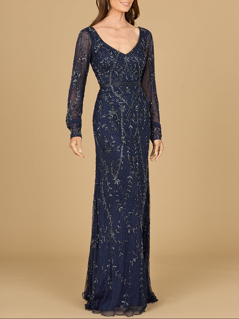 V-Neck Beaded Gown with Sleeves Navy