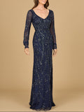 V-Neck Beaded Gown with Sleeves Navy