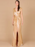 V-Neck Metallic Dress with Slit - OUTLET Champagne
