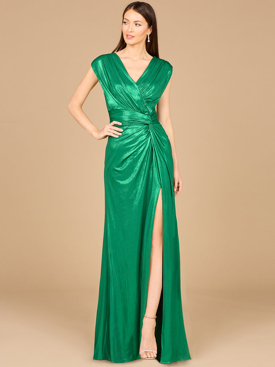 V-Neck Metallic Dress with Slit - OUTLET Green