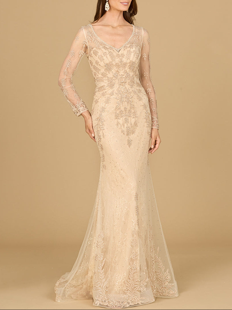 Long Sleeve Lace Mermaid Gown Champagne