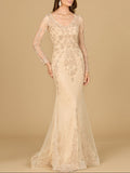 Long Sleeve Lace Mermaid Gown Champagne