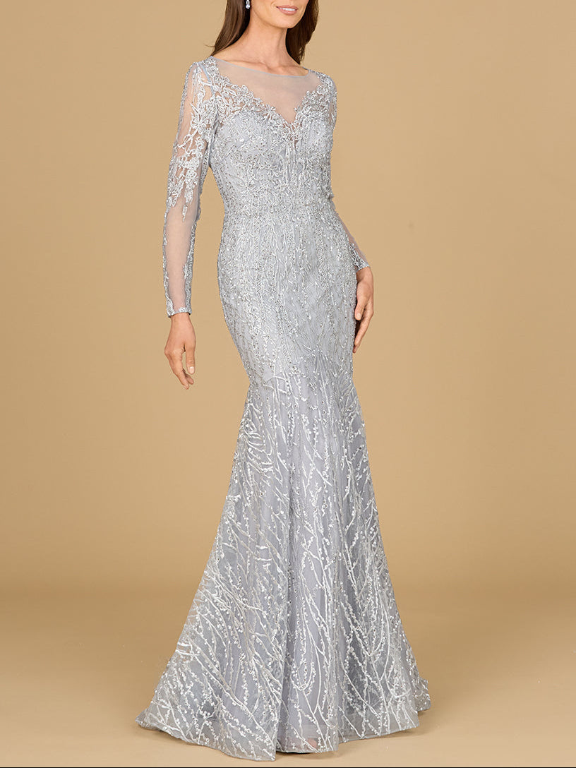 Mermaid, Long Sleeve Lace Gown Silver