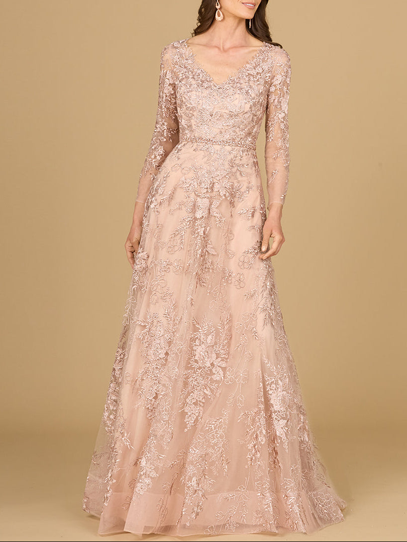 Long Sleeve V-Neck Lace Gown with Beaded Belt Blush
