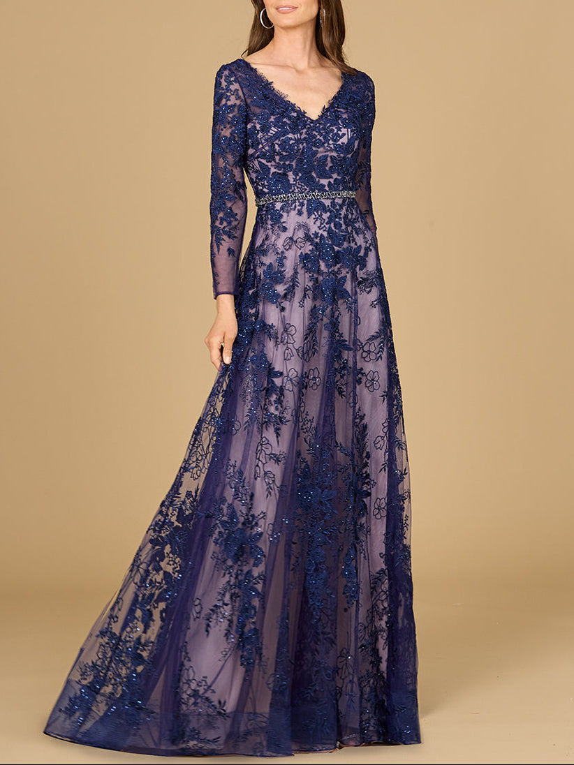 Long Sleeve V-Neck Lace Gown with Beaded Belt Navy