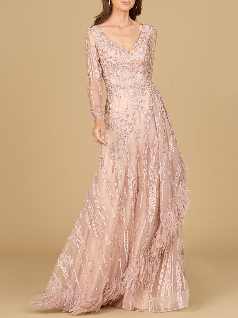 Long Sleeve V-Neck Lace Gown with Feathers Blush