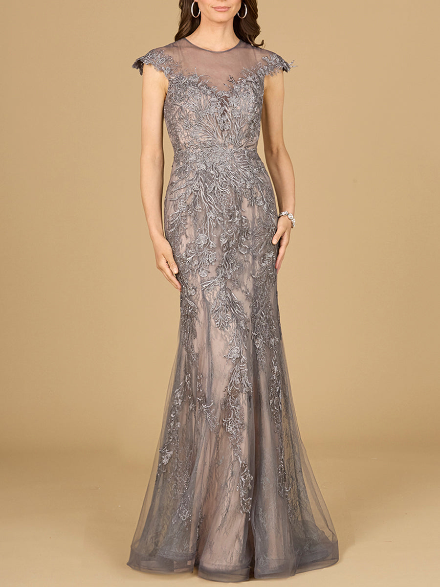 Sheath Lace Gown with Cap Sleeves Charcoal