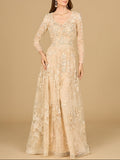 Lace Ballgown with Long Sleeves Champagne