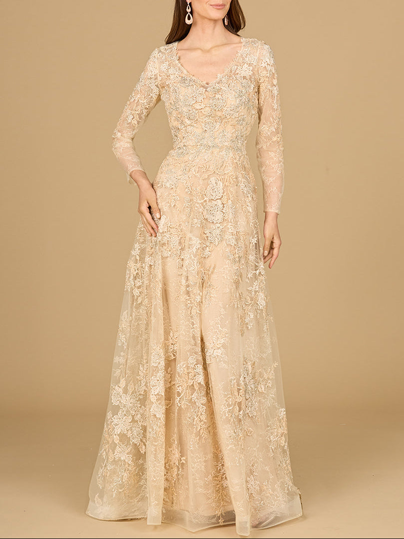 Lace Ballgown with Long Sleeves Champagne