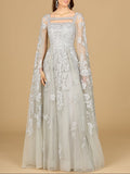 Lace Embroidered Gown with Long Cape Sleeves Silver